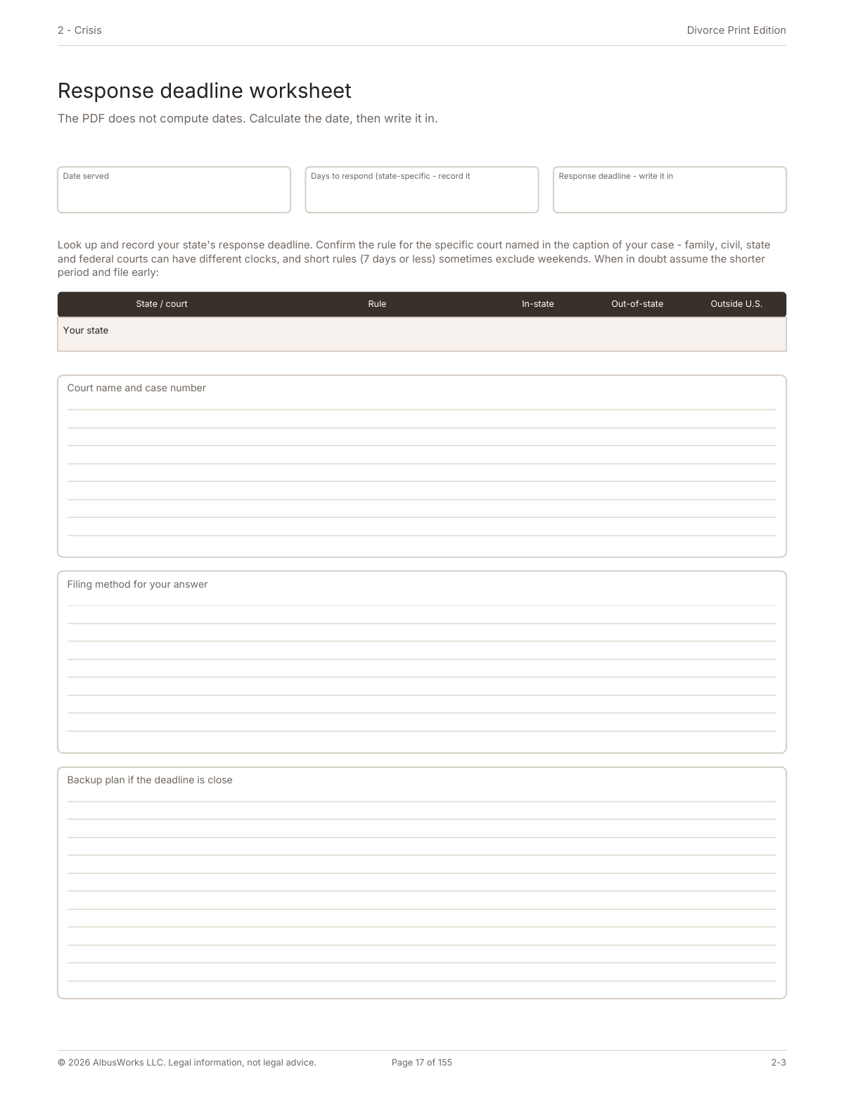 Response deadline worksheet